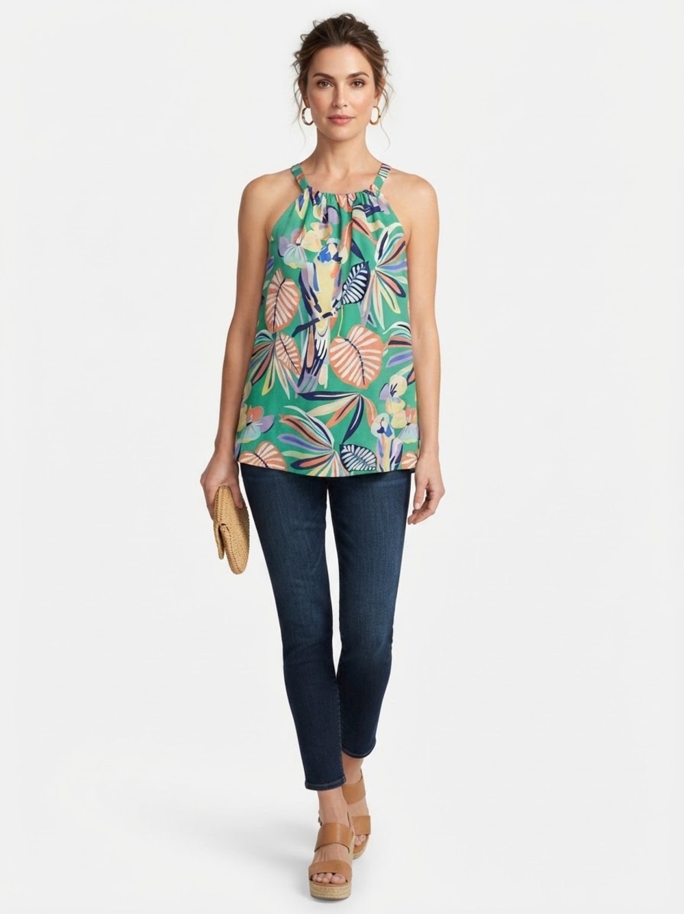 Jade Green Tropical Floral Halter Neck Sleeveless Blouse Small
